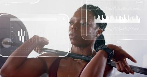 African American woman lifting barbell with fitness HUD overlays, strength training tracking