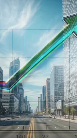 Expanding 3D rainbow arrow climbing diagonally over urban avenue vertical video