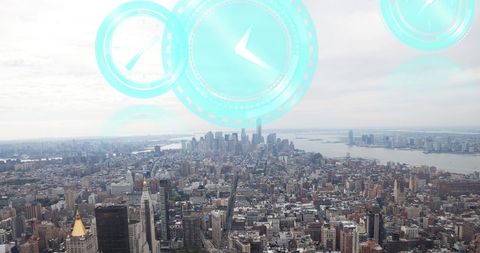 Futuristic Clock Icons Over Urban Cityscape