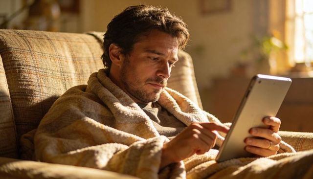 Man reading tablet wrapped in blanket on sunlit plaid sofa relaxing at home