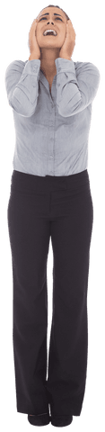 Distressed businesswoman holding head with stress expression transparent