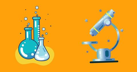 Chemistry beakers and microscope on vibrant background illustration