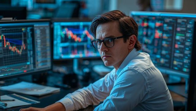 Financial analyst monitoring volatile candlestick charts on multi-screen trading desk