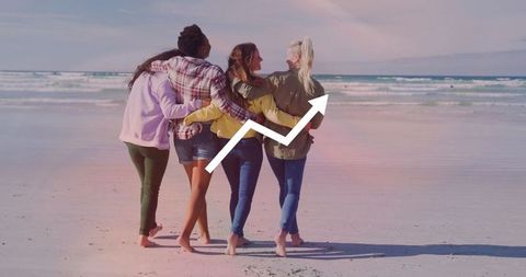Diverse Group of Friends Walking on Beach with Growth Concept