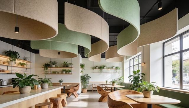 Biophilic cafe interior showcasing curved acoustic ceiling panels, timber seating, lush greenery
