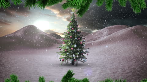 Animated Christmas Scene with Tree in Snowy Landscape