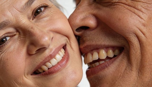 Smiling senior couple pressing faces together closeup intimate dental and wrinkle texture