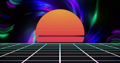 Retro futuristic neon sunset with digital grid