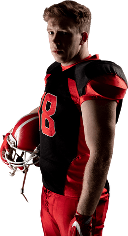 Caucasian football player wearing full uniform on transparent background