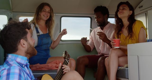 Friends Enjoying Road Trip with Guitar in Camper Van - Download Free Stock Images Pikwizard.com