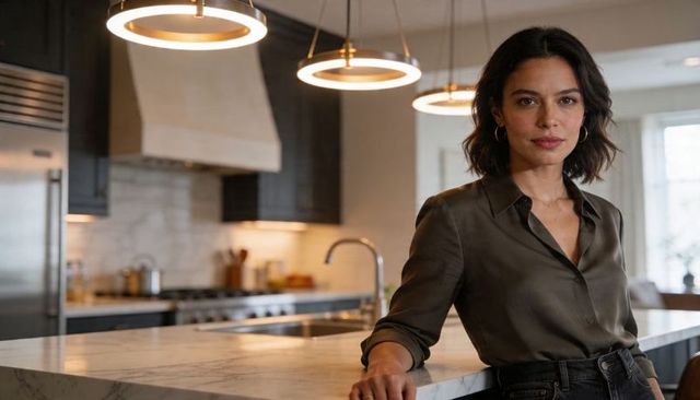 Leaning woman on marble kitchen island under modern pendant lights, contemporary interior