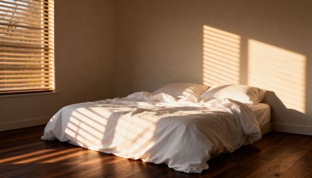 Sunlit Minimal Bedroom with Low Bed, Rumpled White Duvet and Blinds Casting Stripes