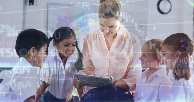 Teacher Using Tablet with Elementary Students in Modern High-Tech Classroom - Download Free Stock Images Pikwizard.com