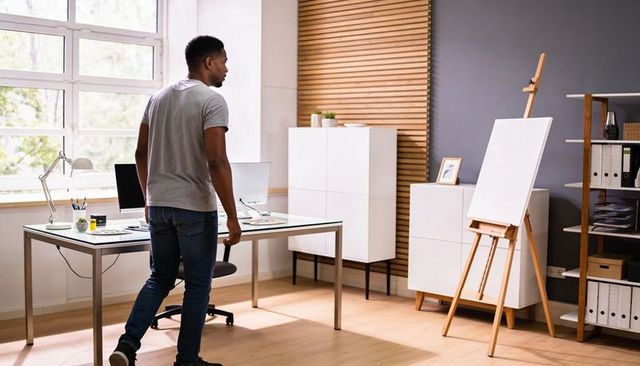Creative home studio showing man arranging laptop and monitor in minimalist workspace