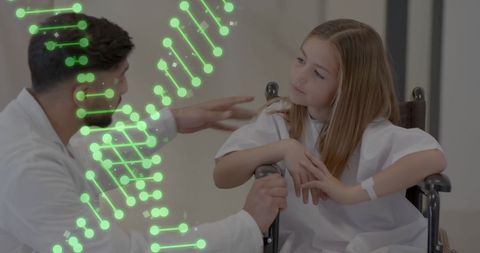 Doctor assisting patient with dna strand overlay in genetic research concept