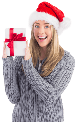Blonde Woman in Santa Hat Holding Gift against Transparent Background