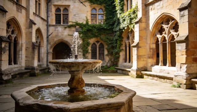 Flowing stone fountain in gothic cloister courtyard with ivy-covered arches