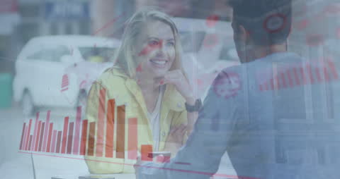 Smiling Business Team Analysing Data with Transparent Chart Overlay