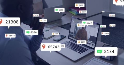 Mature professional watching virtual meeting with live notification and location overlays