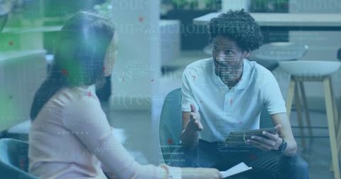 Business Professionals Discussing in Modern Office with Digital Overlay