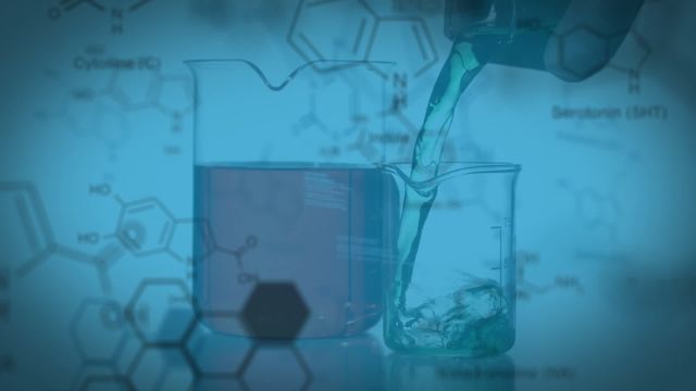 This animation features playful molecular structures overlaying vividly flowing liquids into laboratory flasks against a blue background. Ideal for educational content, scientific presentations, or articles exploring the nature of chemical experiments and molecular research.