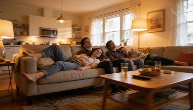Friends relaxing and chatting on sofa in cozy open-plan living room at dusk