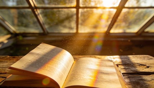 Resting book catching golden hour sunbeams through rustic window, dust motes