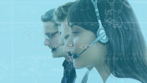 Diverse Call Center Consultants Surrounded by Digital Data
