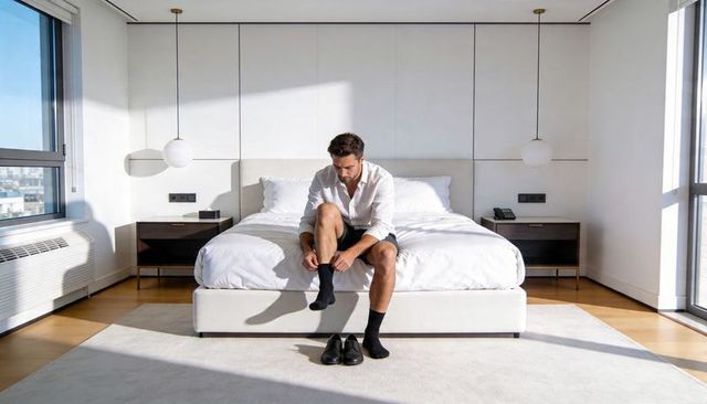 Man sitting on bed putting on socks in sunlit minimalist city apartment bedroom with modern decor