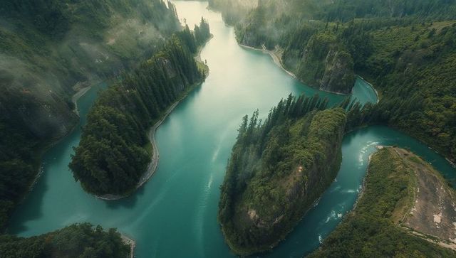 Majestic River Symphony Through Misty Valley with Lush Evergreen