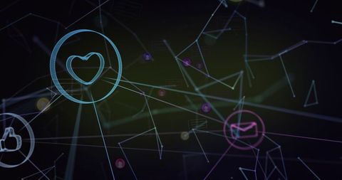 Glowing heart node pulsing in futuristic holographic network with mail icon
