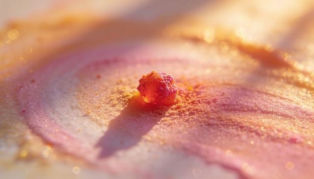 Macro crumbly sugar bead on swirled pastel cream with golden glitter bokeh