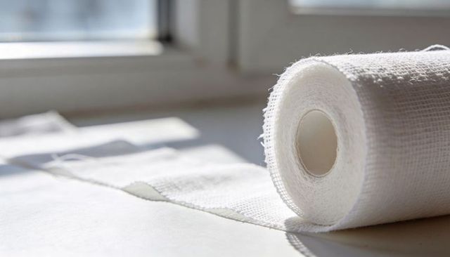 Sunlit medical gauze roll resting on windowsill showing woven texture and soft shadow