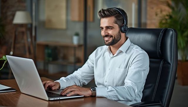 Smiling professional wearing headset working on laptop in modern office