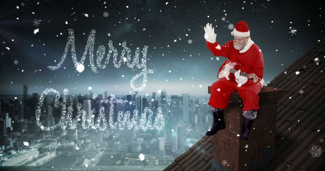 Santa Playing Guitar on Rooftop Waving Merry Christmas - Download Free Stock Images Pikwizard.com