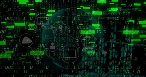 Binary code streams in cyberspace with globe and digital icons