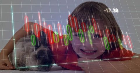 Boy Bonding with Pet Rabbit on Tabletop with Stock Market Candlestick Chart Overlay