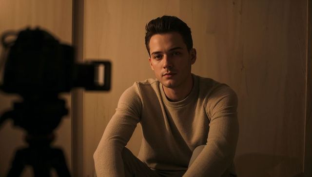 Introspective young man recording content in warm studio light neutral beige moody headshot