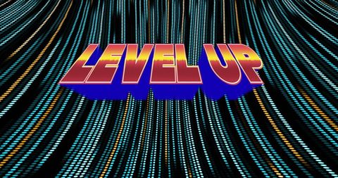 Retro Level Up Text Over Vibrant Digital Light Trails