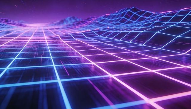 Glowing Neon Wireframe Grid Landscape Receding into Retro Synthwave Horizon Plus Mesh