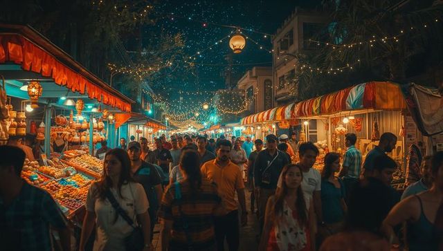 Festive Night Market Street with Lanterns and Shoppers