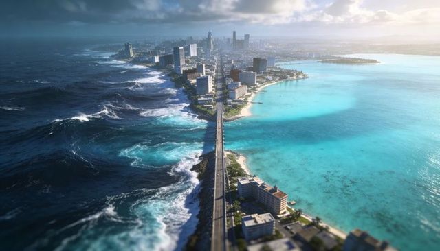 Dramatic causeway dividing turquoise lagoon and stormy ocean, coastal city skyline aerial