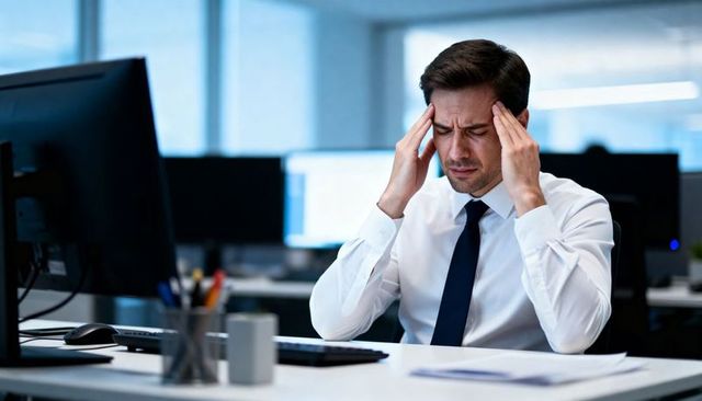 Businessman pressing temples at desk showing office stress and fatigue during busy workday