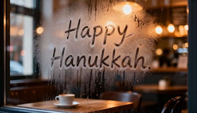Cozy cafe window 'happy hanukkah' message on fogged glass with coffee cup