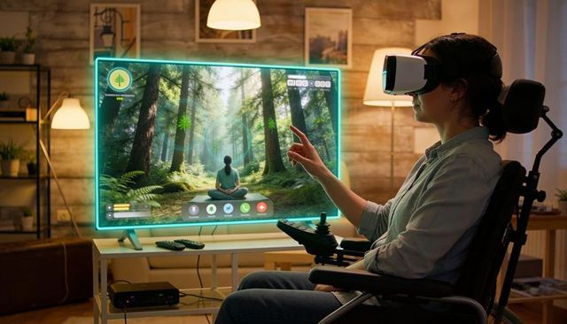 Woman using vr headset in power wheelchair exploring virtual forest for home meditation