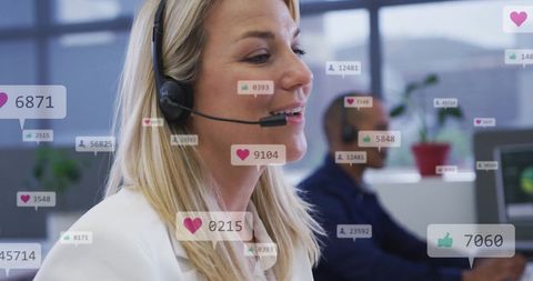 Business Team Using Headsets with Social Media Icons Overlay