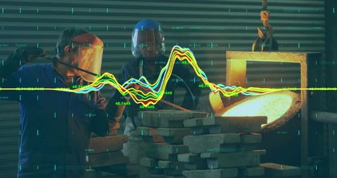Foundry workers pouring molten metal with live data overlay and face shields