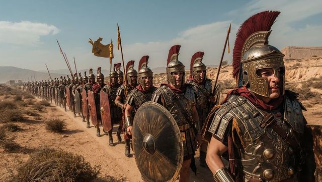 Roman legionnaires marching through desert with plumed helmets shields and banners