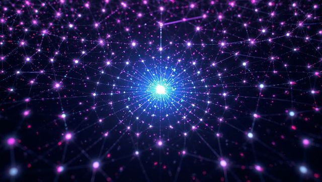 Neon network core radiating cyan hub with purple nodes and digital lattice perspective