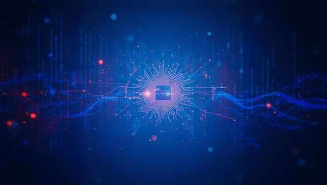 Futuristic Glowing CPU with Digital Data Streams in Blue